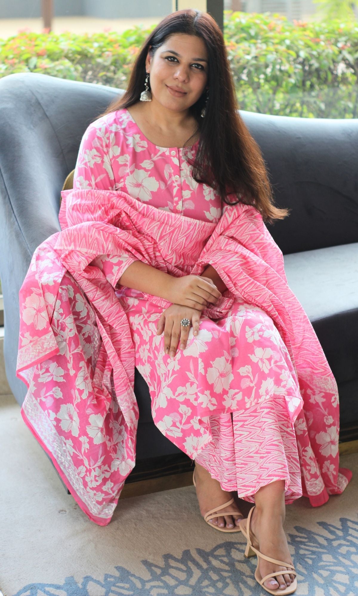 Cotton Blush Floral Print Suit Set with Printed Cotton Dupatta - Baareeki