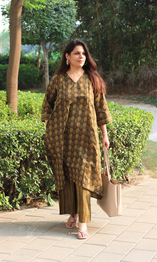 Cotton Brown Ajrakh Print High Low Kurta & Pallazo - Baareeki