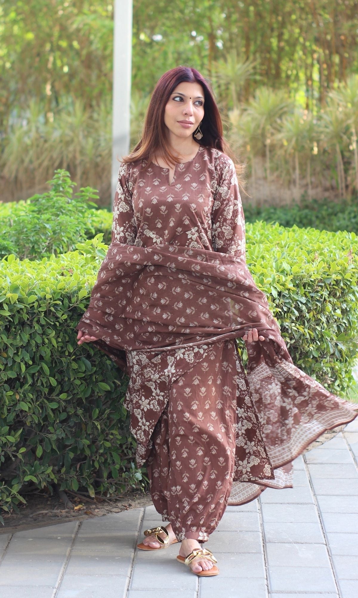 Cotton Brown Floral Print Kurta with Afghani Style Pants and Printed D ...