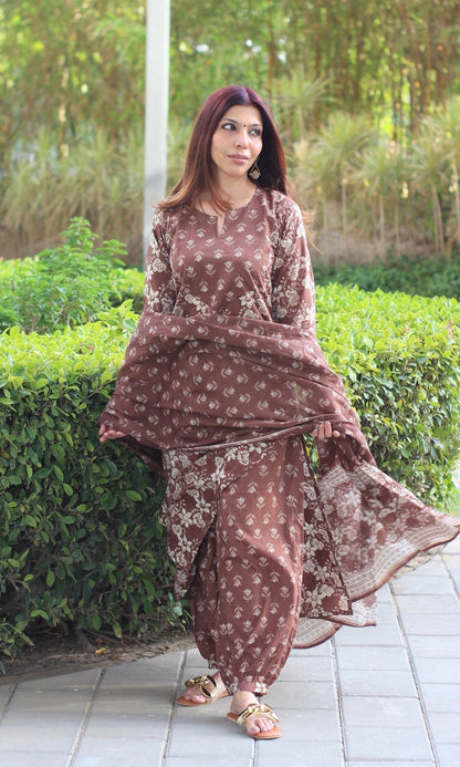 Cotton Brown Floral Print Kurta with Afghani Style Pants and Printed Dupatta - Baareeki