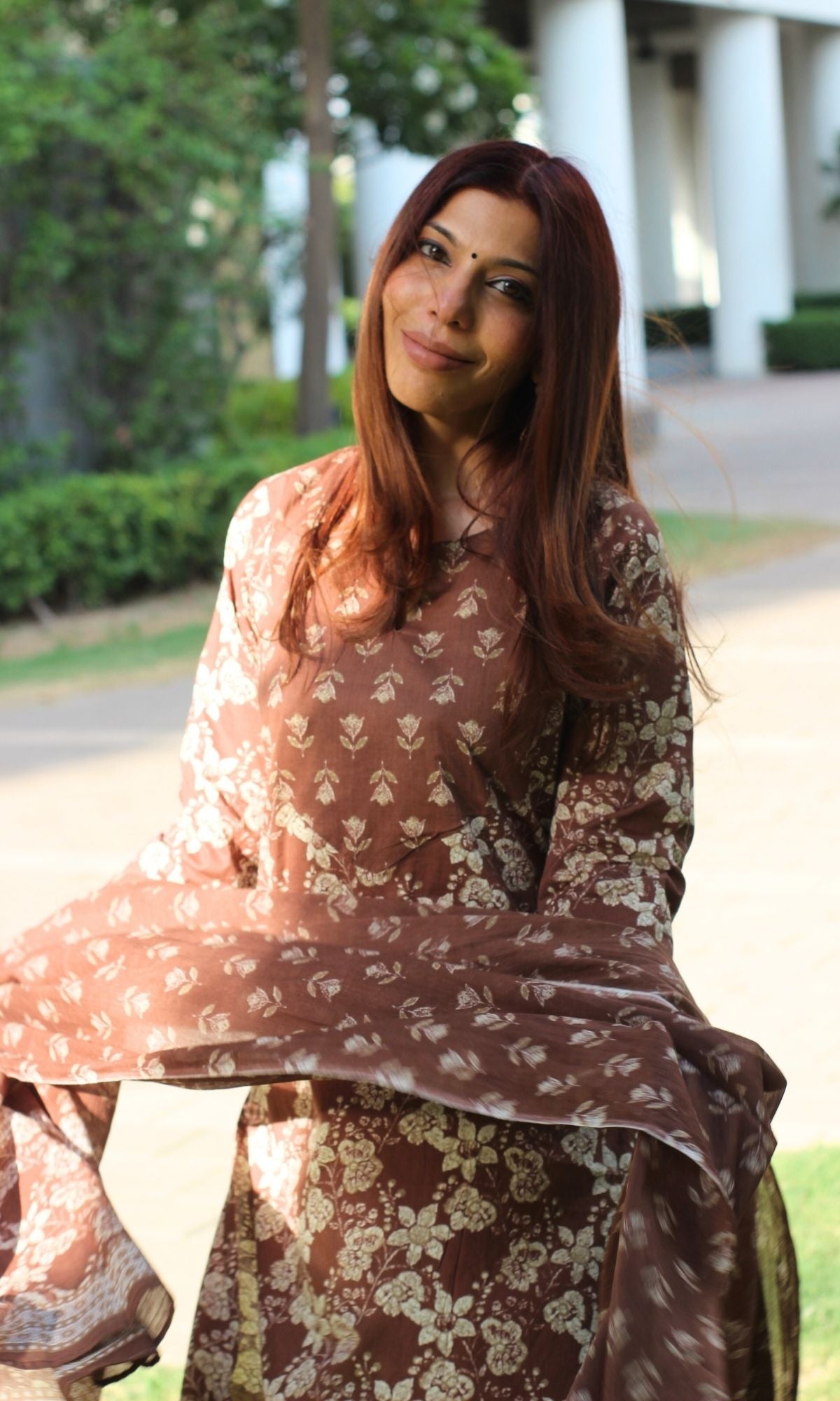 Cotton Brown Floral Print Kurta with Afghani Style Pants and Printed Dupatta - Baareeki