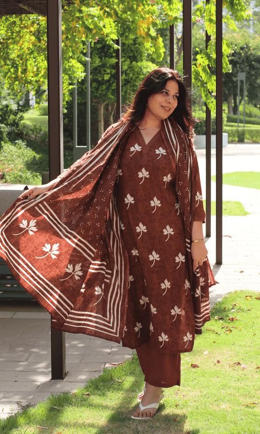 Cotton Brown Maple leaf Print Suit with Cotton Printed Dupatta - Baareeki