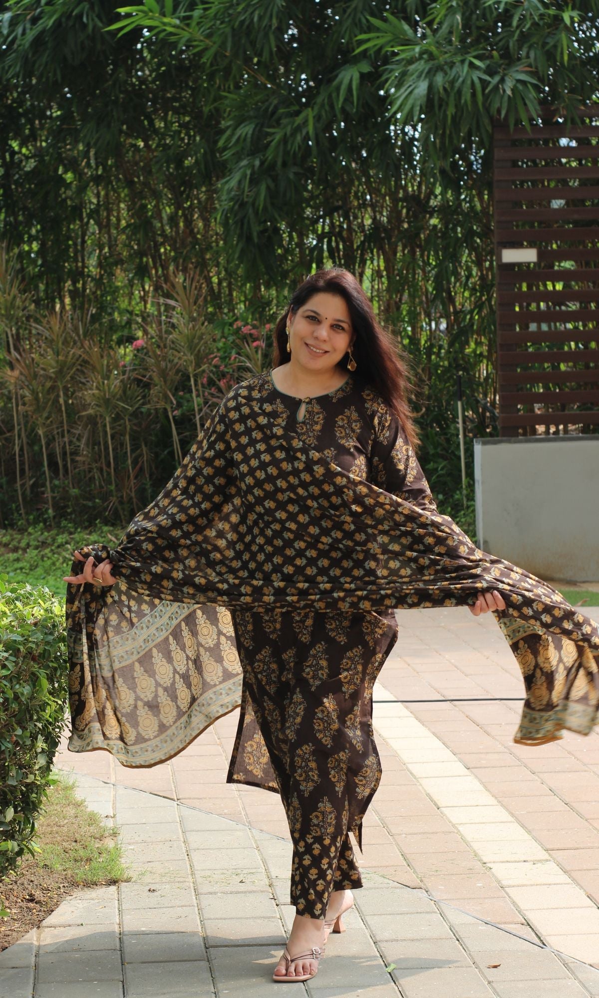 Cotton Brown & Mustard Mughal Suit Set and Printed Dupatta - Baareeki