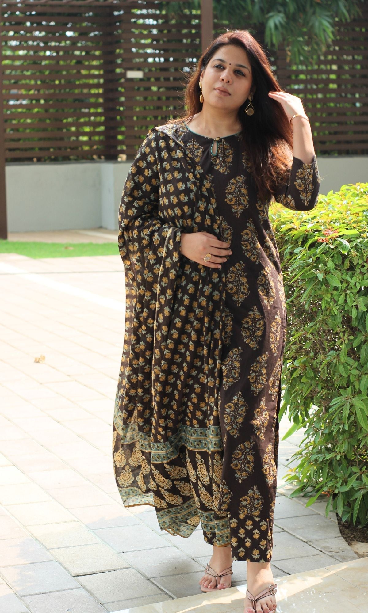 Cotton Brown & Mustard Mughal Suit Set and Printed Dupatta - Baareeki