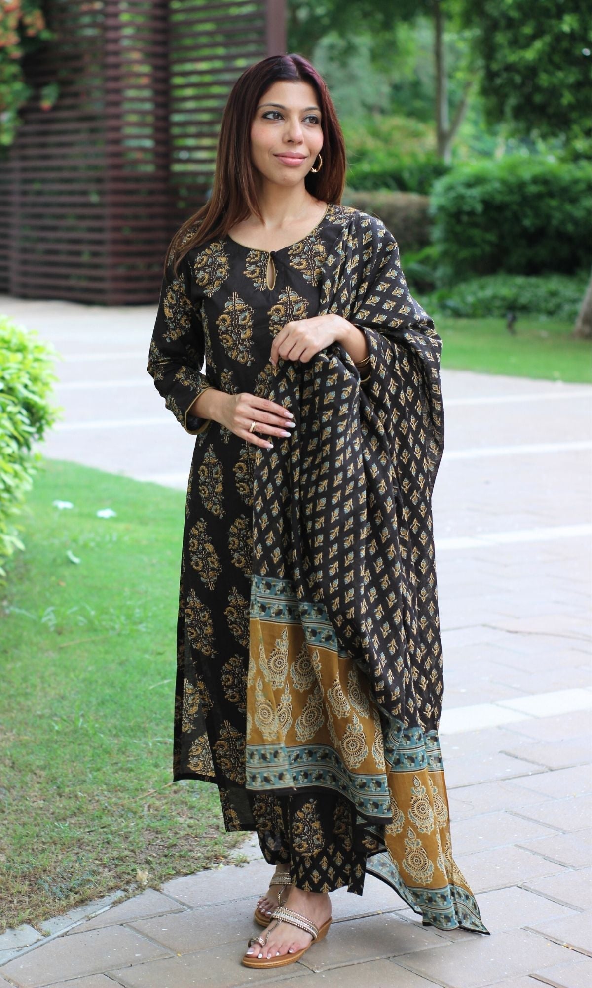 Cotton Brown & Mustard Mughal Suit Set and Printed Dupatta - Baareeki