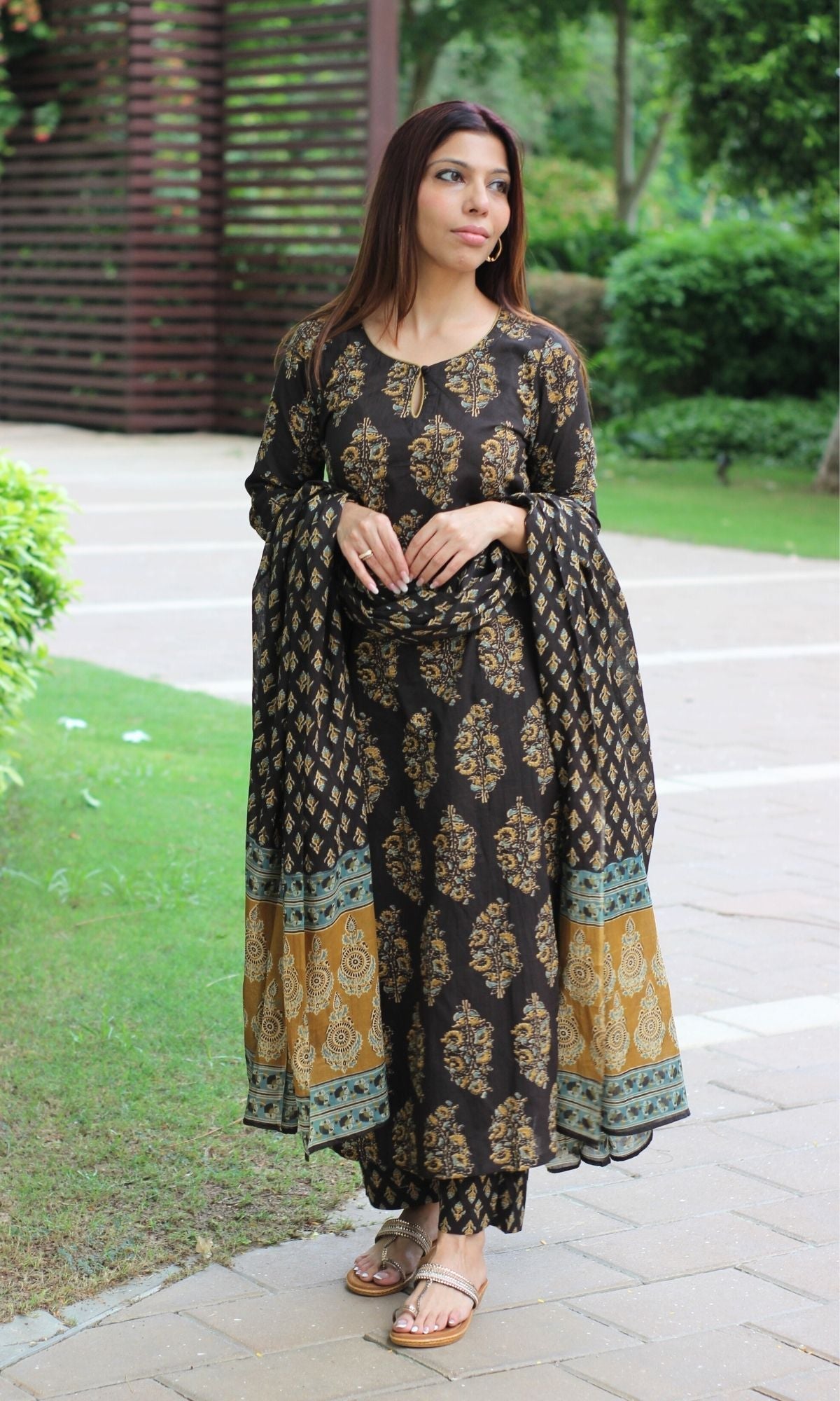 Cotton Brown & Mustard Mughal Suit Set and Printed Dupatta - Baareeki