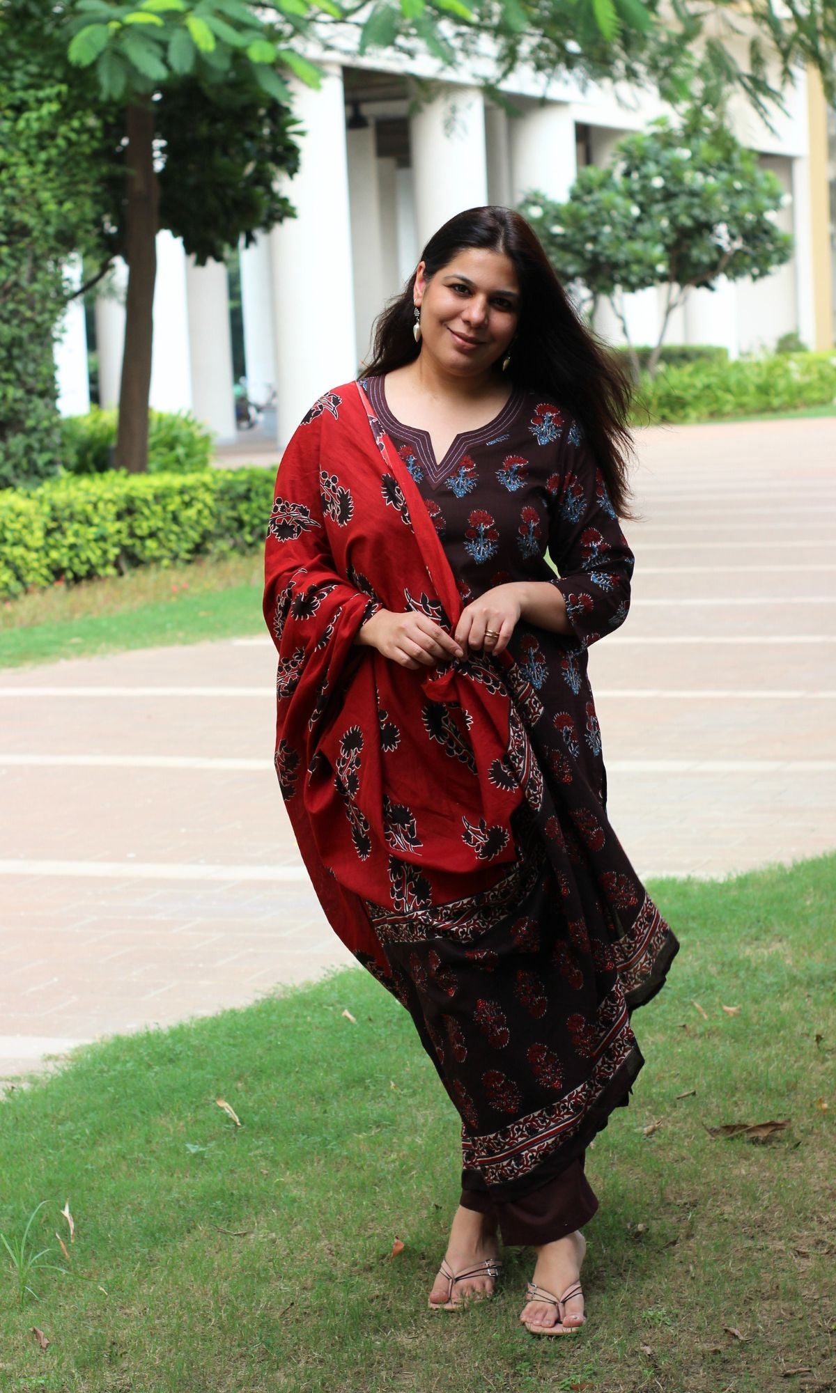 Cotton Brown & Red Boota Print Suit Set with Cotton Printed Dupatta - Baareeki