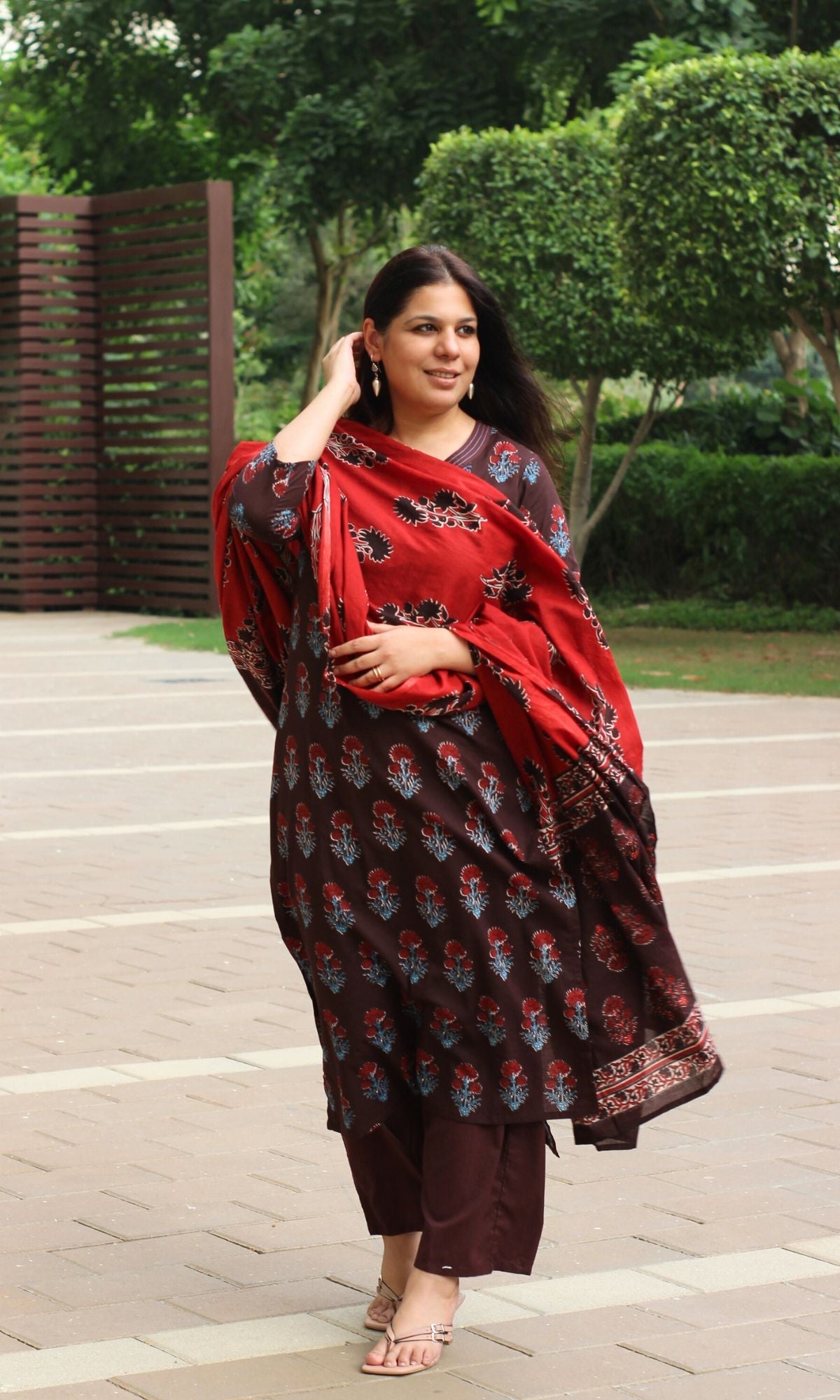 Cotton Brown & Red Boota Print Suit Set with Cotton Printed Dupatta - Baareeki