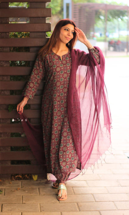 Cotton Burgundy Ajrakh Print Suit with Afghani Pants & Kota Doria Dupatta - Baareeki