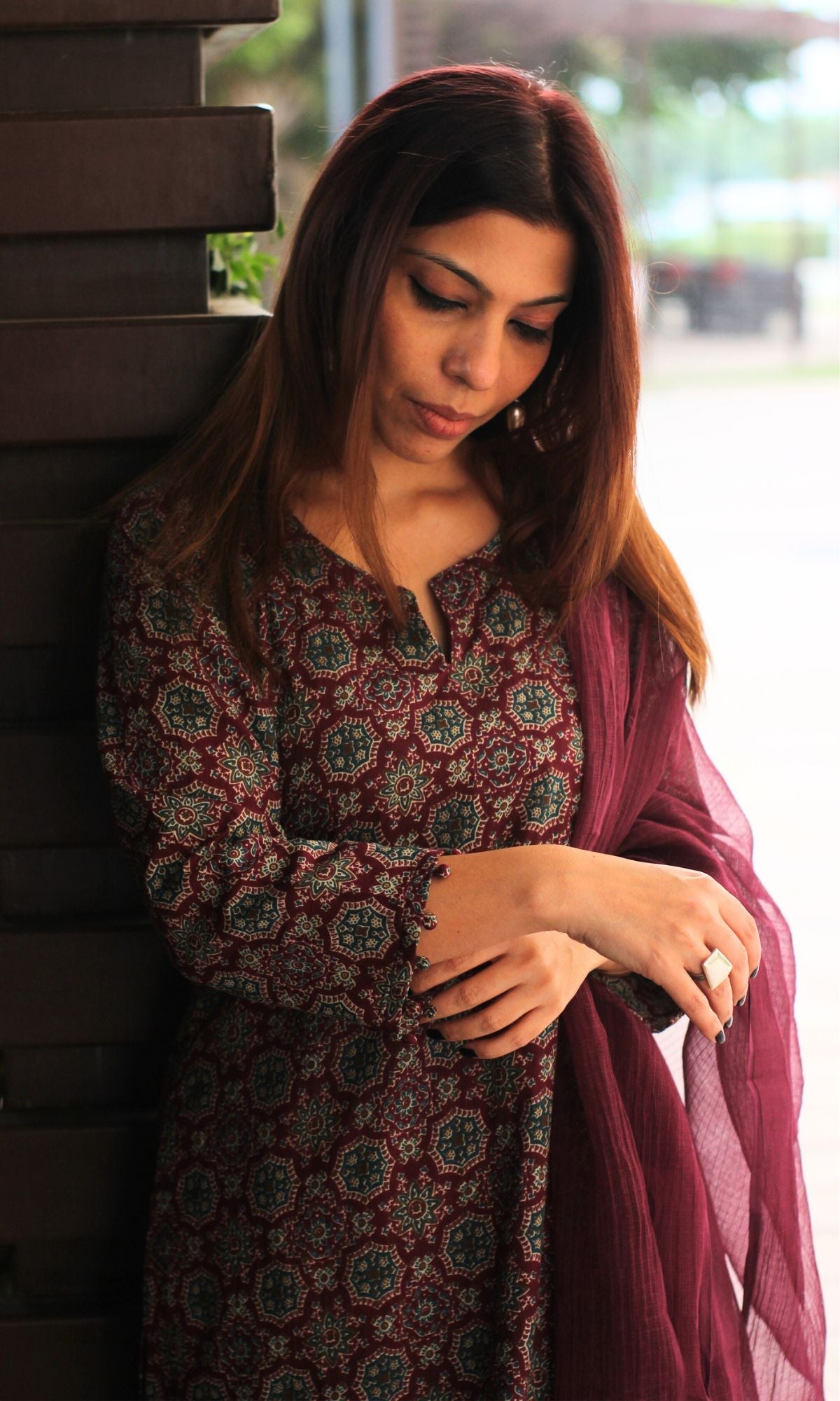 Cotton Burgundy Ajrakh Print Suit with Afghani Pants & Kota Doria Dupatta - Baareeki