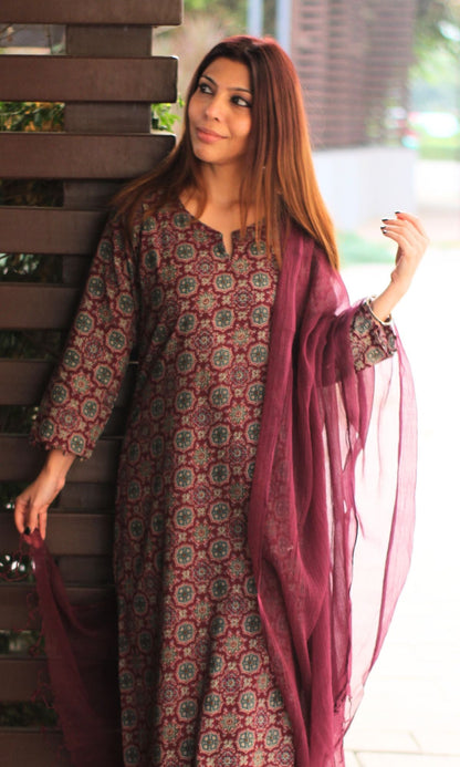 Cotton Burgundy Ajrakh Print Suit with Afghani Pants & Kota Doria Dupatta - Baareeki