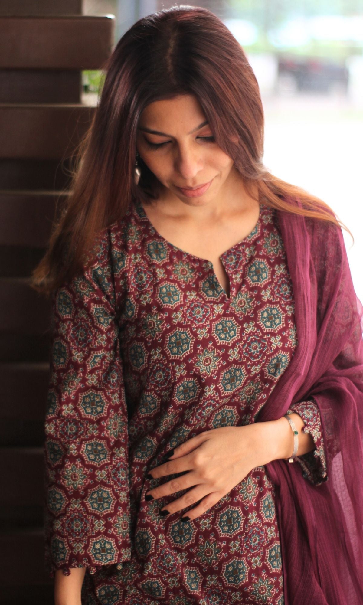 Cotton Burgundy Ajrakh Print Suit with Afghani Pants & Kota Doria Dupatta - Baareeki