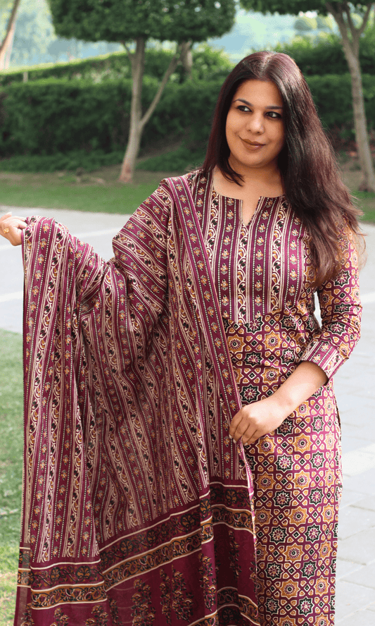 Cotton Burgundy & Yellow Ajrakh Print Suit With Cotton Dupatta - Baareeki