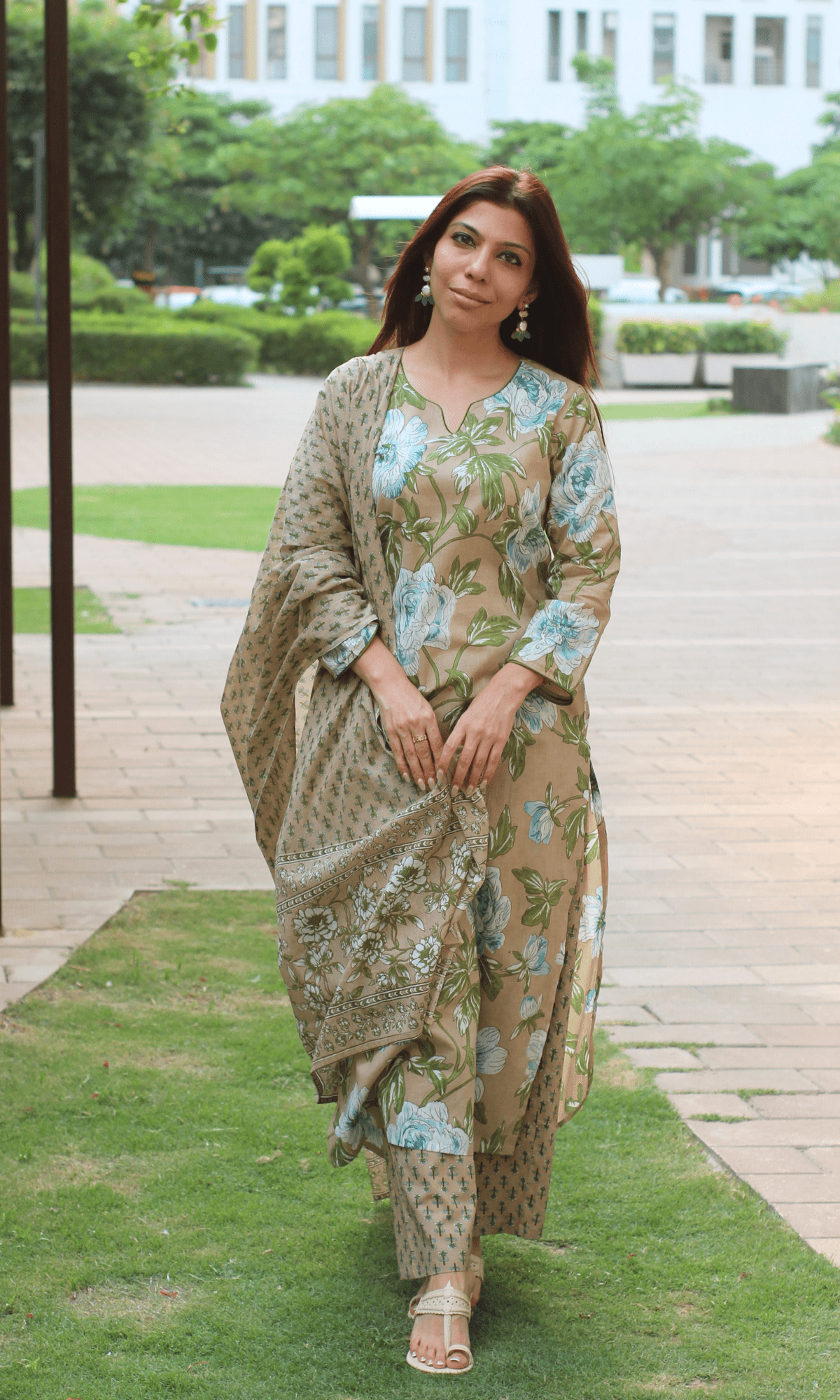 Cotton Caramel Bloom Print Suit with Cotton Printed Dupatta - Baareeki