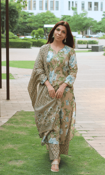 Cotton Caramel Bloom Print Suit with Cotton Printed Dupatta - Baareeki