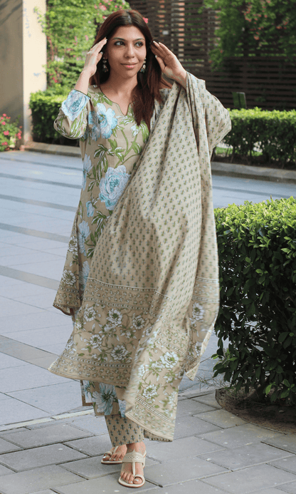 Cotton Caramel Bloom Print Suit with Cotton Printed Dupatta - Baareeki