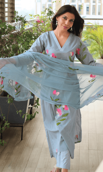 Cotton Carolina Blue Hand Painted suit with Chiffon Hand Painted Dupatta - Baareeki