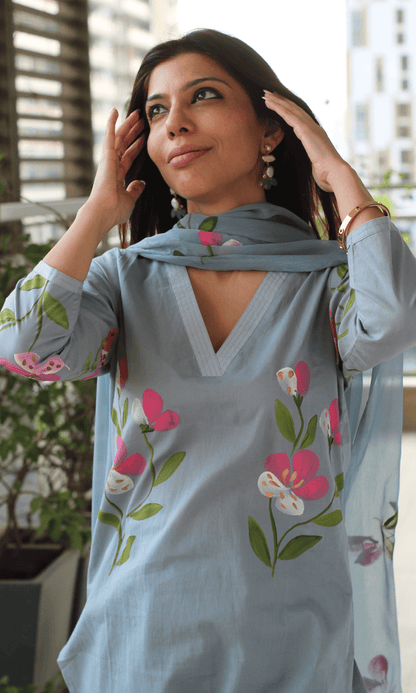Cotton Carolina Blue Hand Painted suit with Chiffon Hand Painted Dupatta - Baareeki