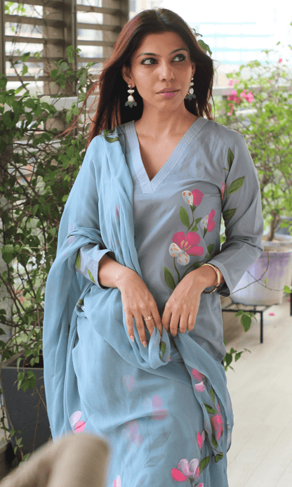 Cotton Carolina Blue Hand Painted suit with Chiffon Hand Painted Dupatta - Baareeki