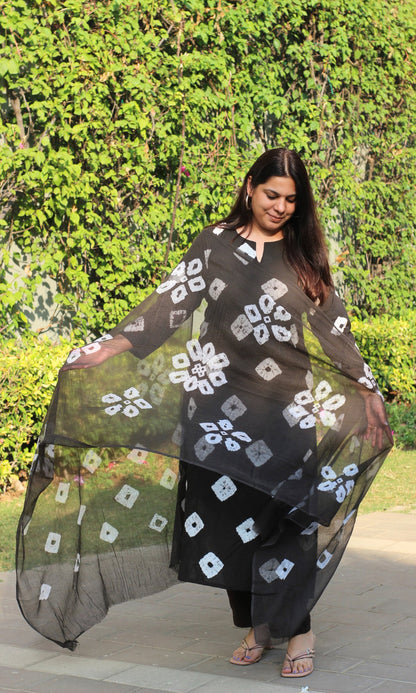 Cotton Charcoal Shibori Print Suit with Kota Dupatta - Baareeki