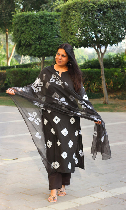 Cotton Charcoal Shibori Print Suit with Kota Dupatta - Baareeki