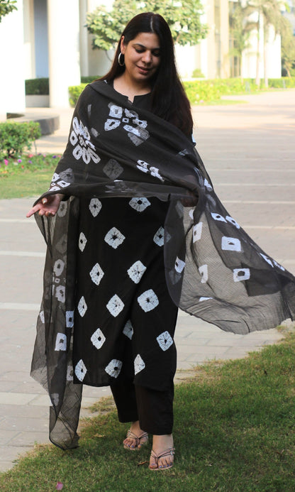 Cotton Charcoal Shibori Print Suit with Kota Dupatta - Baareeki