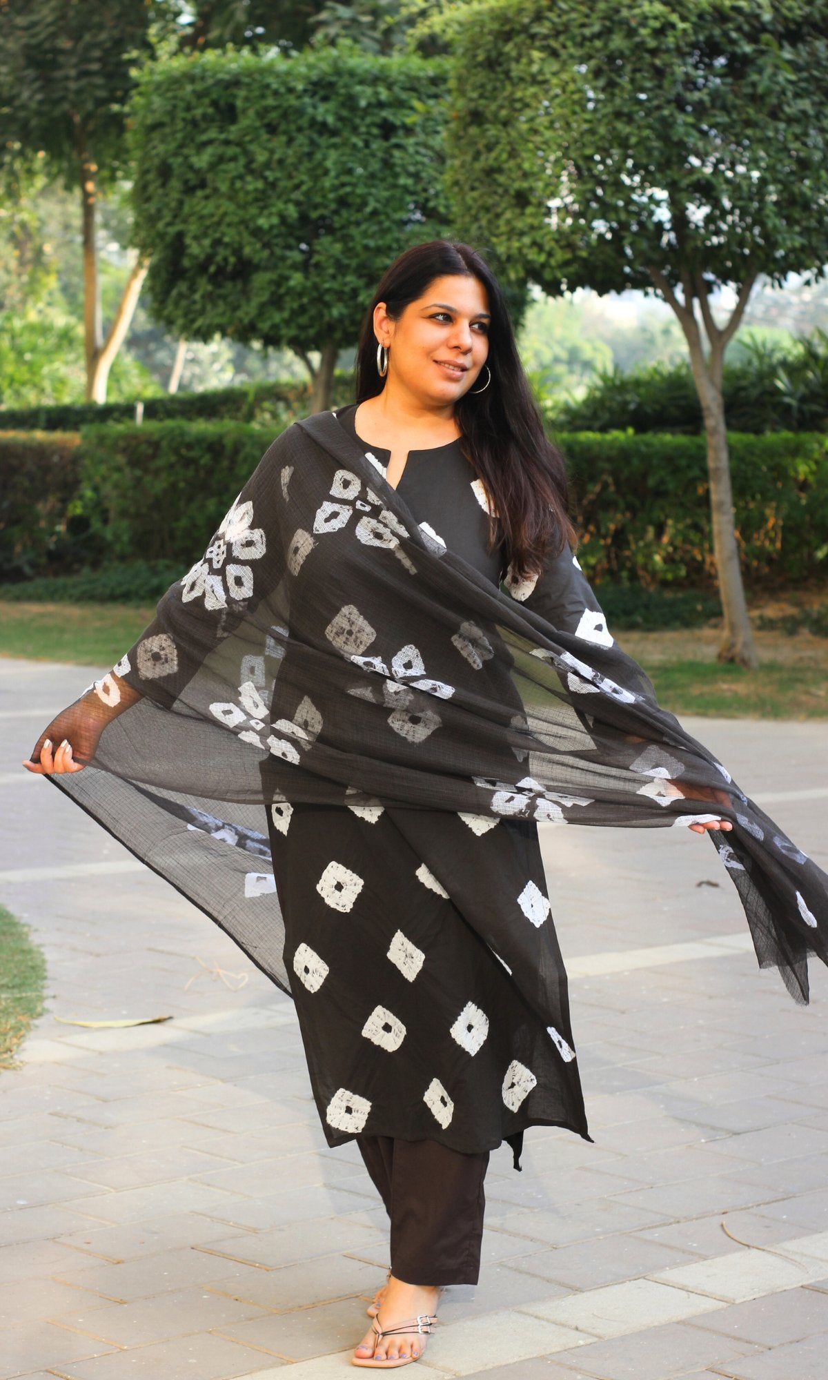 Cotton Charcoal Shibori Print Suit with Kota Dupatta - Baareeki