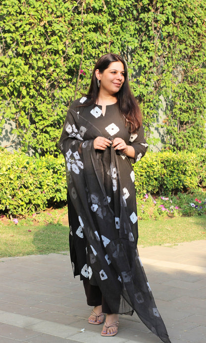 Cotton Charcoal Shibori Print Suit with Kota Dupatta - Baareeki