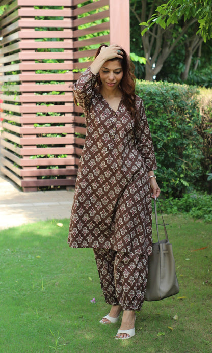 Cotton Chocolate Brown A - Line Kurta with Pathani Pants - Baareeki