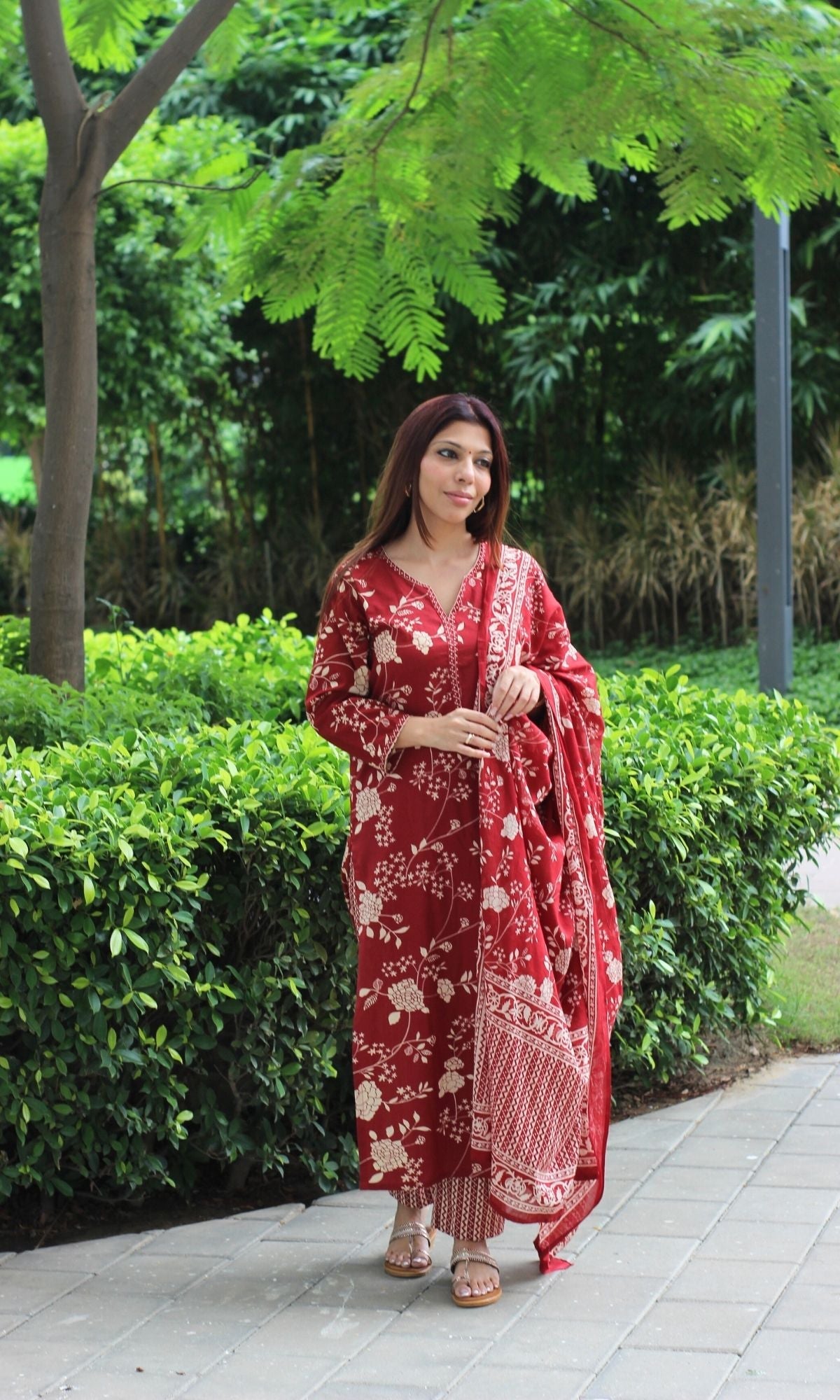 Cotton Classic Red Printed Suit Set with Cotton Printed Dupatta - Baareeki