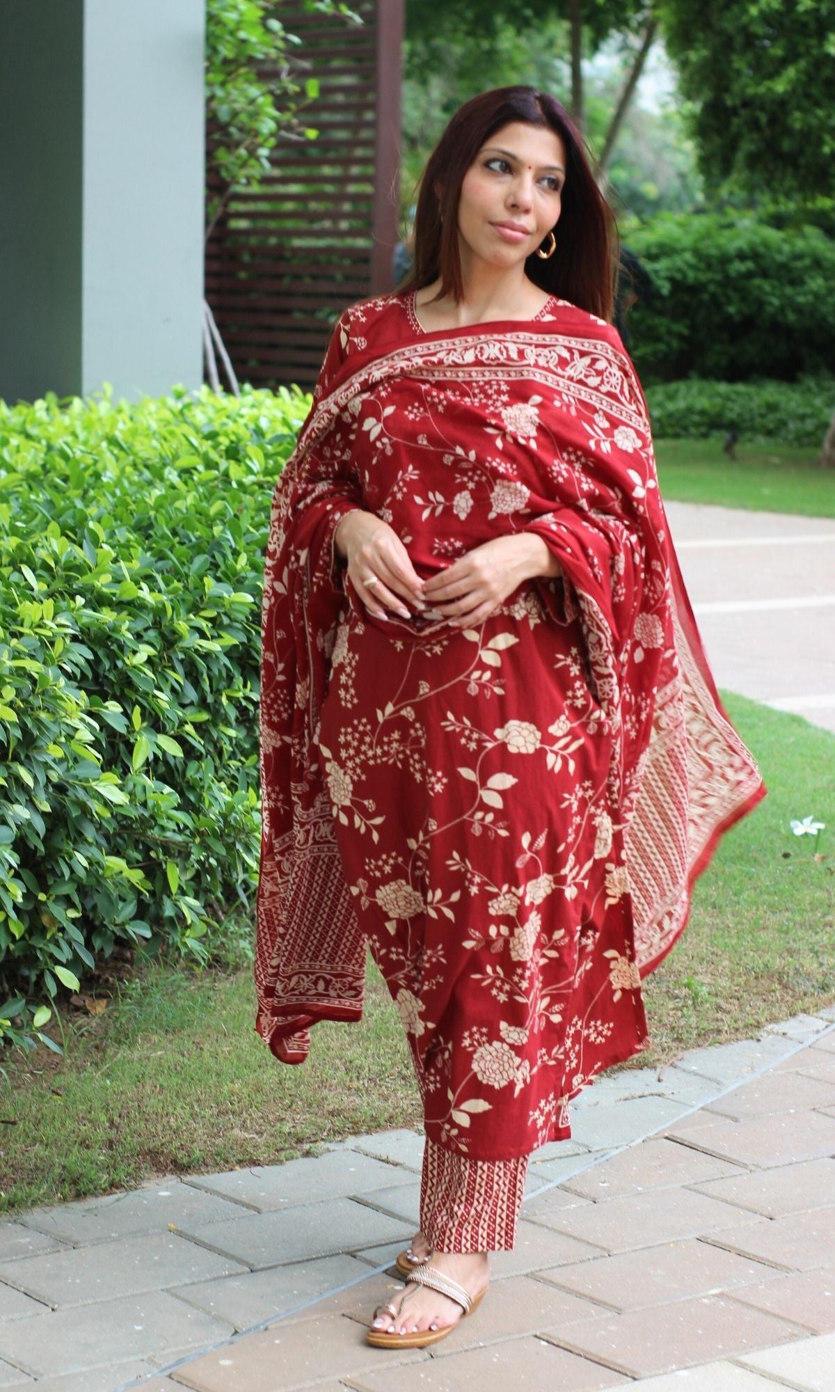 Cotton Classic Red Printed Suit Set with Cotton Printed Dupatta - Baareeki