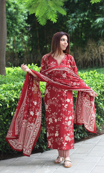 Cotton Classic Red Printed Suit Set with Cotton Printed Dupatta - Baareeki