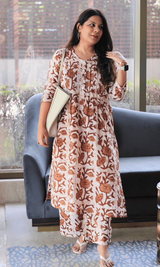 Cotton Coffee Earthy Handblock Printed Pleated Kurta & Pant Co - ord - Baareeki