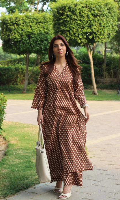 Cotton Coffee Printed A-line Kurta and Plazo Set - Baareeki