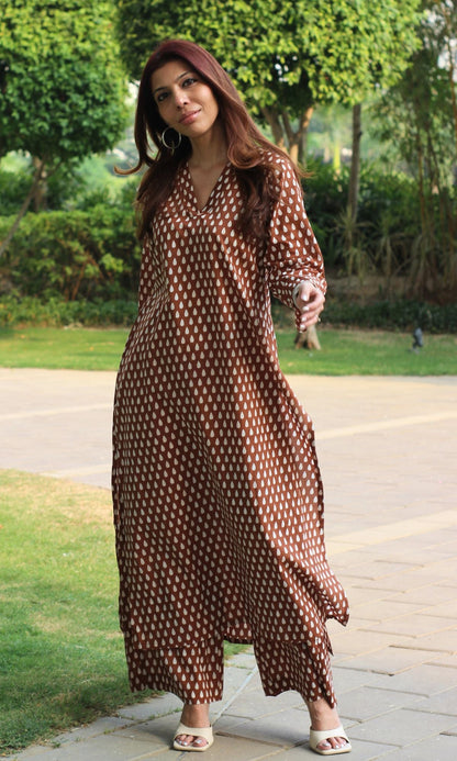 Cotton Coffee Printed A-line Kurta and Plazo Set - Baareeki