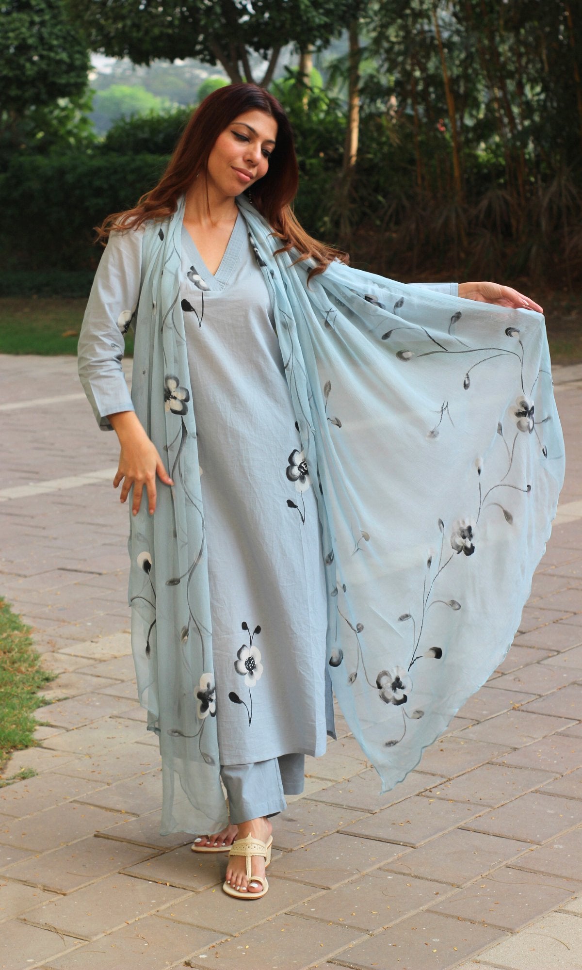 Cotton Cool Blue Handbrush Painted Straight Suit with Chiffon Handbrush Painted Dupatta - Baareeki