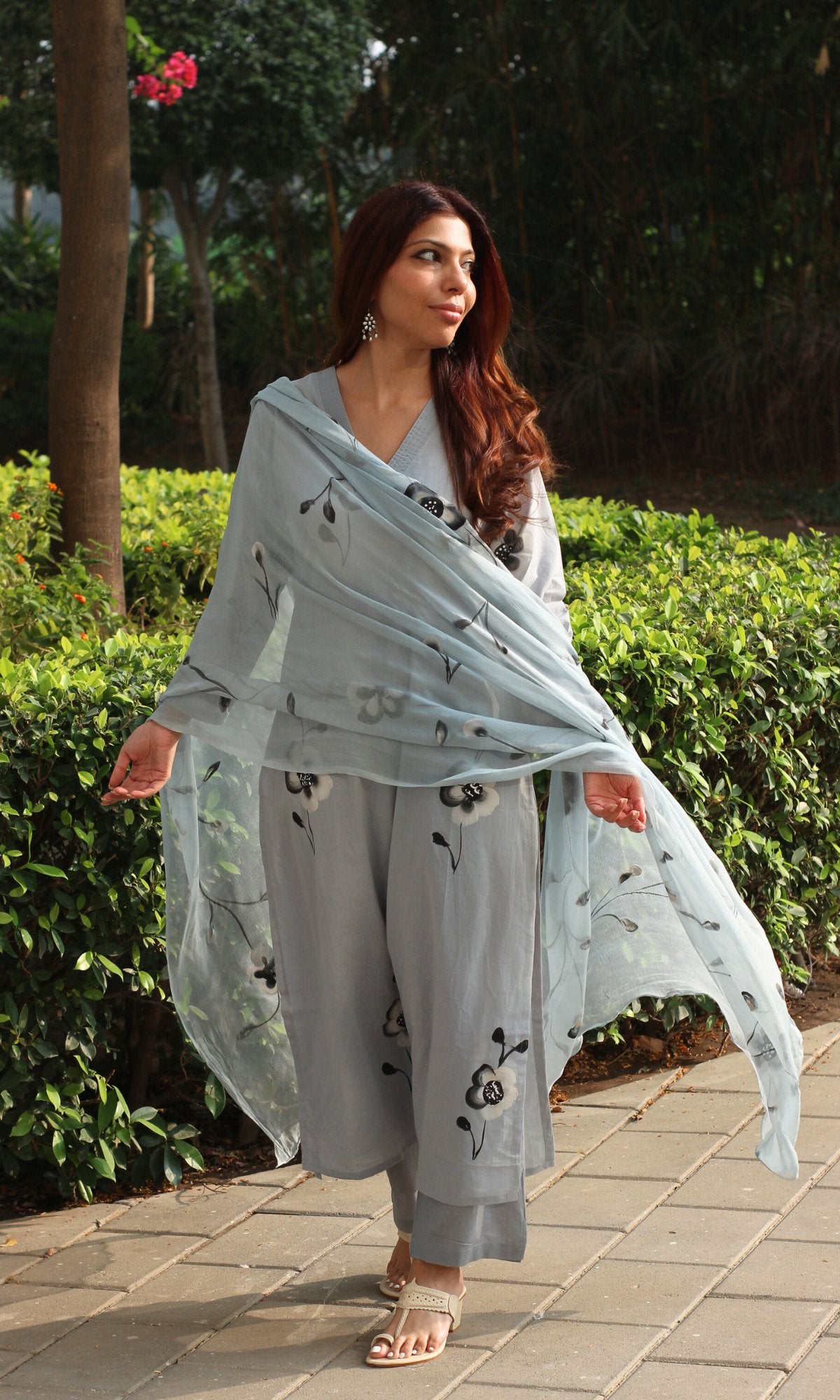 Cotton Cool Blue Handbrush Painted Straight Suit with Chiffon Handbrush Painted Dupatta - Baareeki