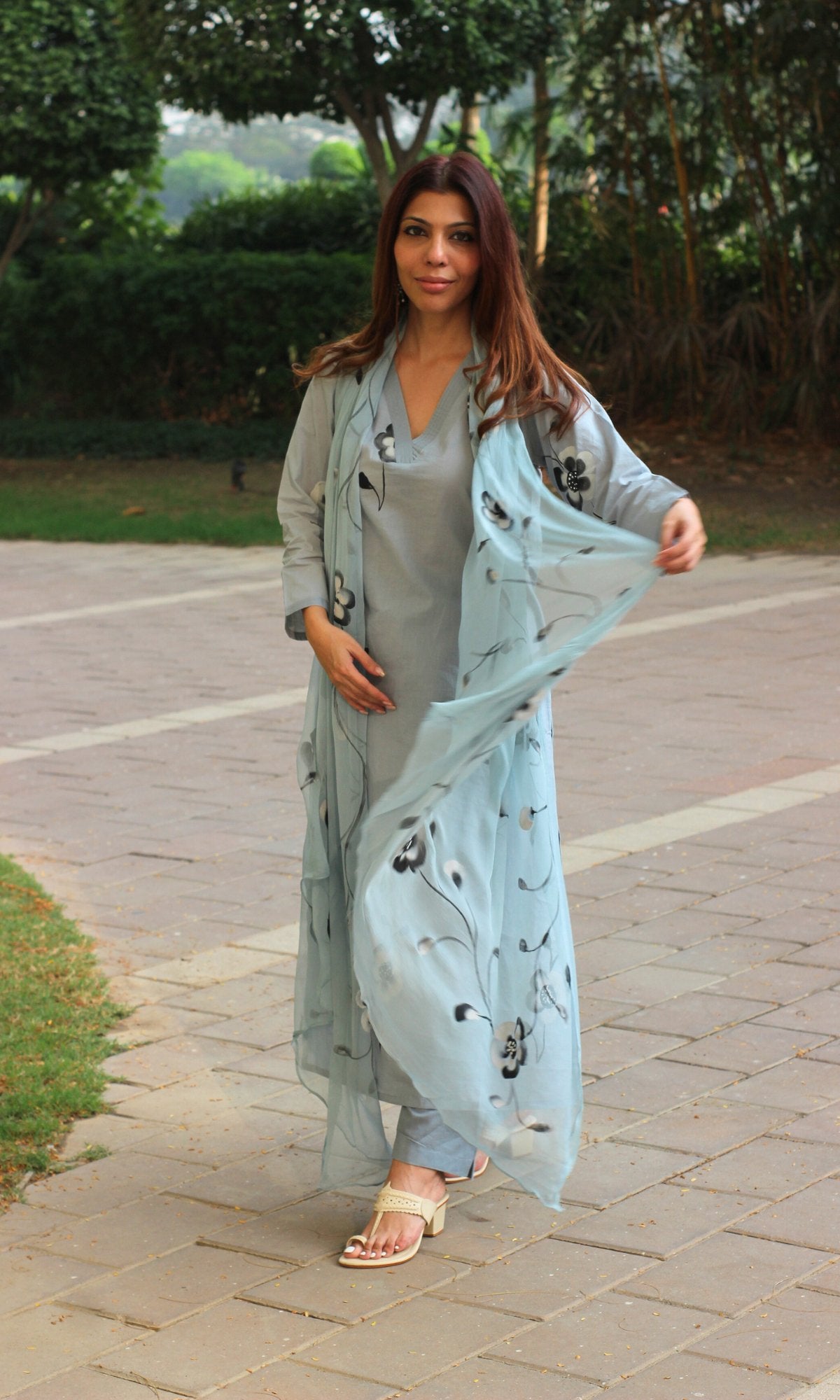 Cotton Cool Blue Handbrush Painted Straight Suit with Chiffon Handbrush Painted Dupatta - Baareeki