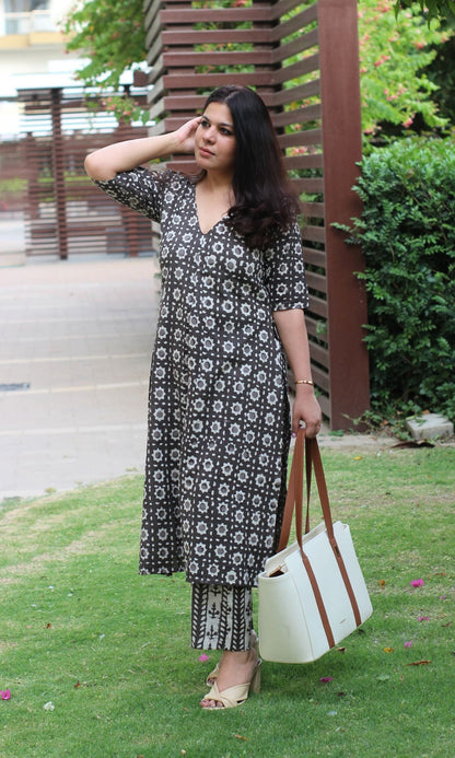 Cotton Dabu Print Dark Brown Box Pleat Kurta and Pants - Baareeki