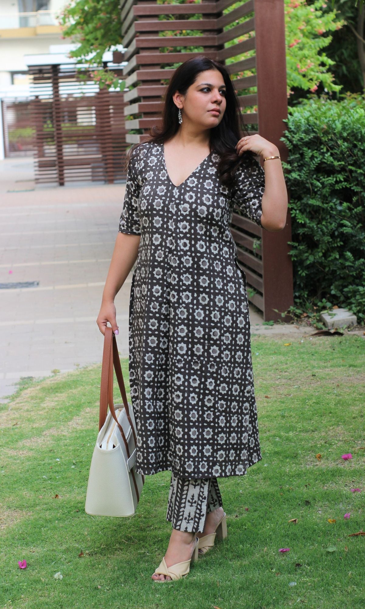 Cotton Dabu Print Dark Brown Box Pleat Kurta and Pants - Baareeki