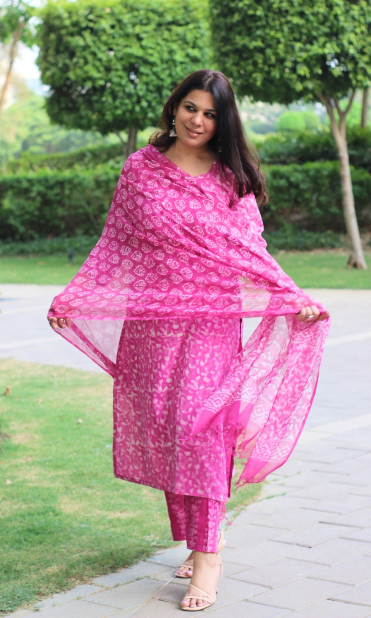 Cotton Dabu Print Pale Pink Suit Set with Printed Kota Dupatta - Baareeki