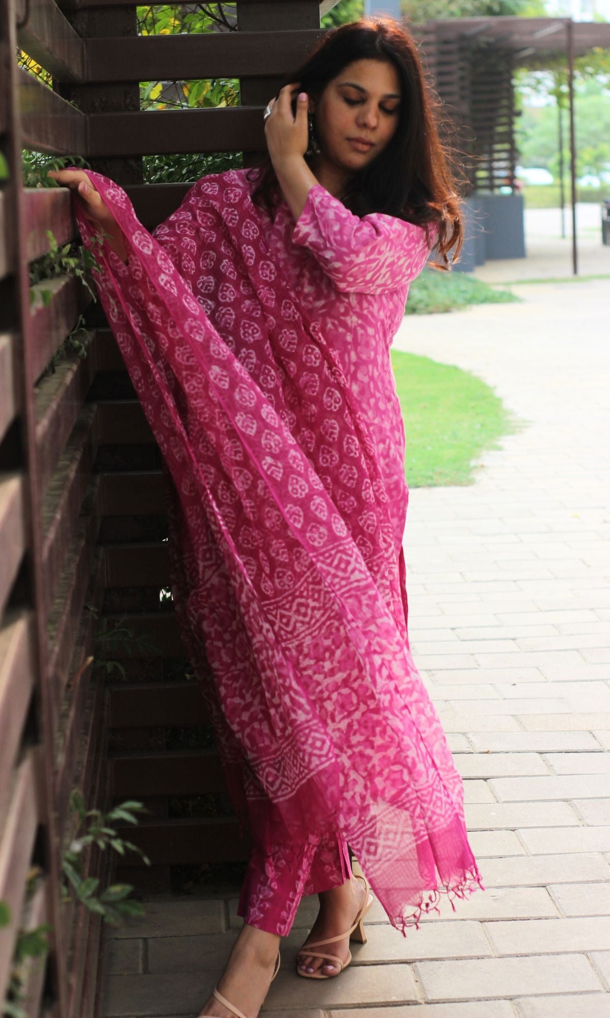 Cotton Dabu Print Pale Pink Suit Set with Printed Kota Dupatta - Baareeki