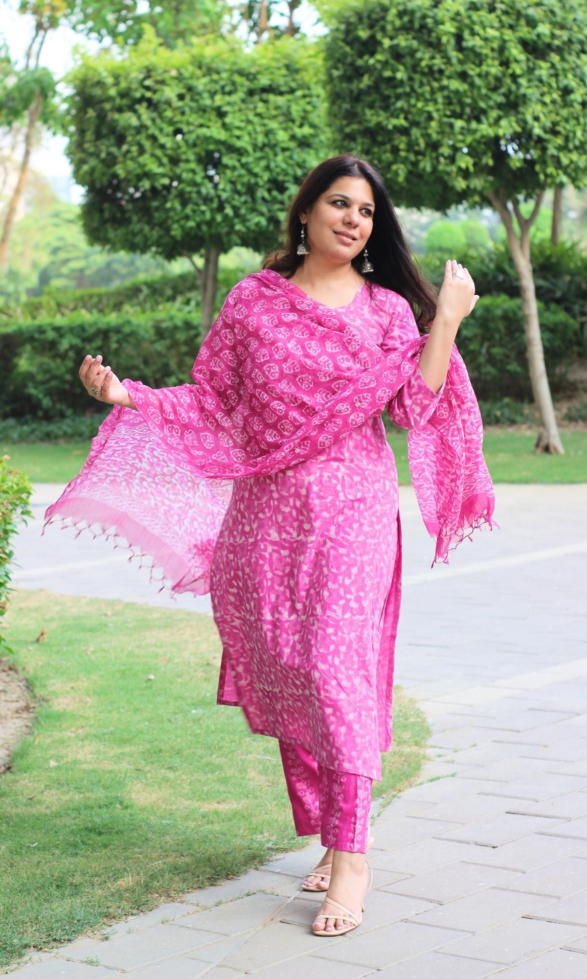 Cotton Dabu Print Pale Pink Suit Set with Printed Kota Dupatta - Baareeki