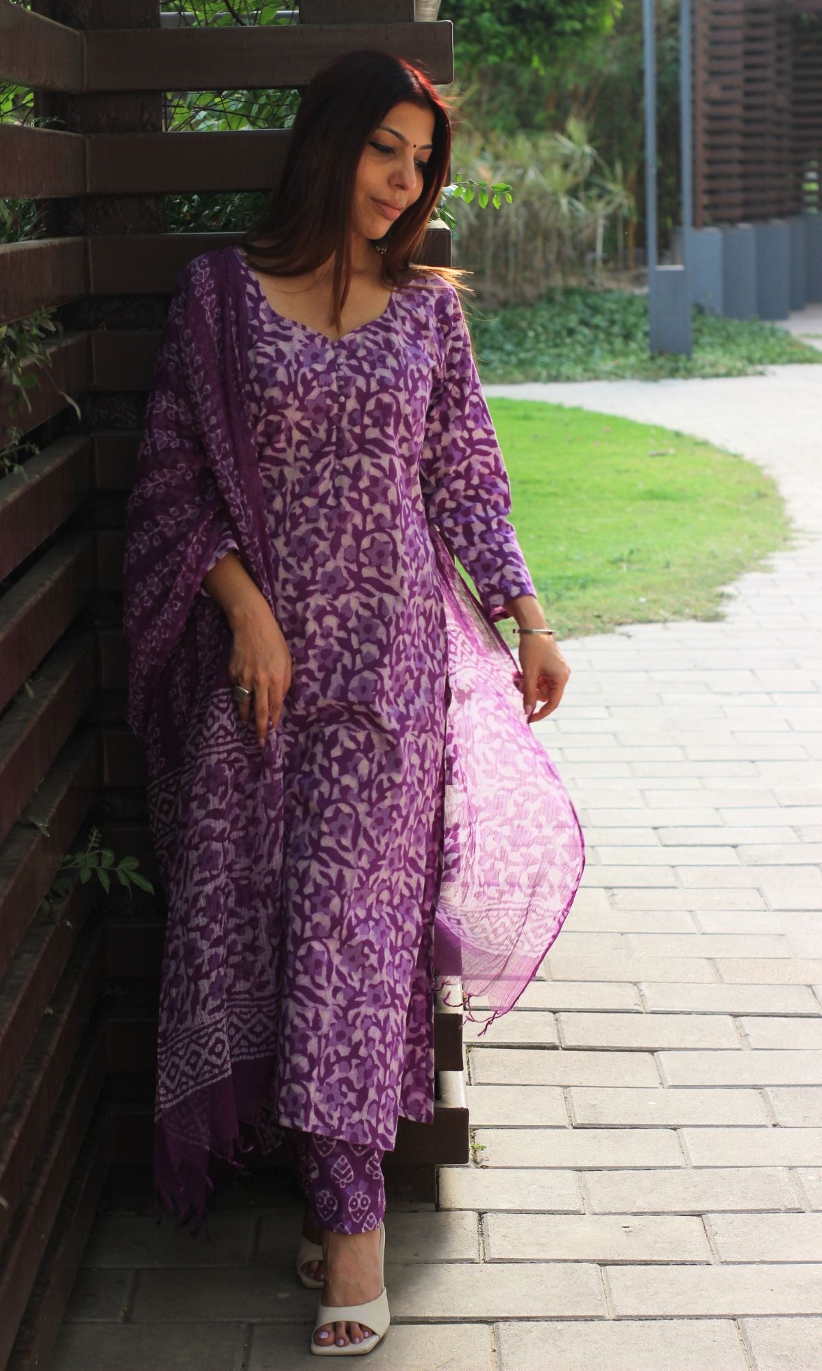 Cotton Dabu Print Purple Suit Set with Printed Kota Dupatta - Baareeki