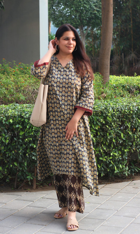 Cotton Dark Brown Ajrakh Palace Print High Low Kurta & Palazzo - Baareeki