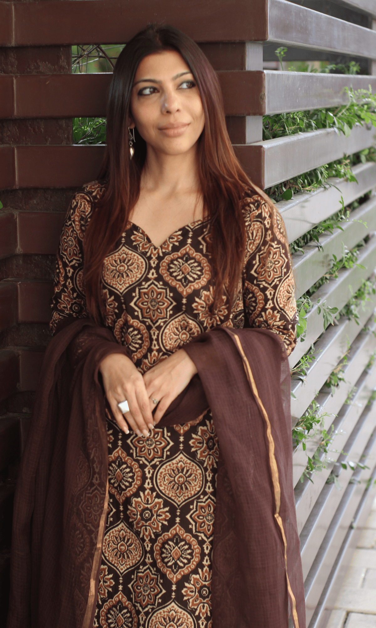 Cotton Dark Brown Ajrakh Print Suit with Kota Doria Dupatta - Baareeki