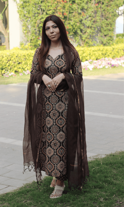 Cotton Dark Brown Ajrakh Print Suit with Kota Doria Dupatta - Baareeki