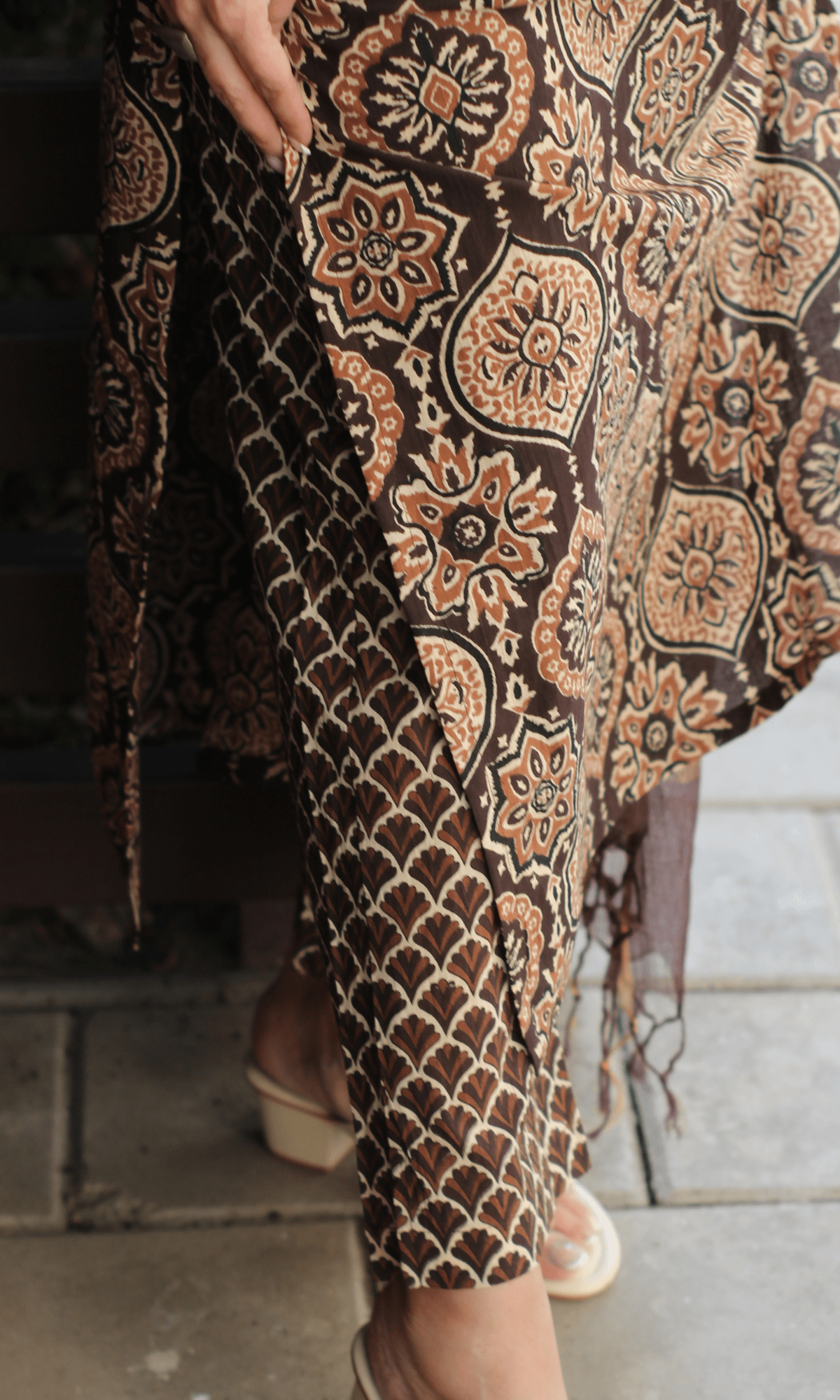 Cotton Dark Brown Ajrakh Print Suit with Kota Doria Dupatta - Baareeki