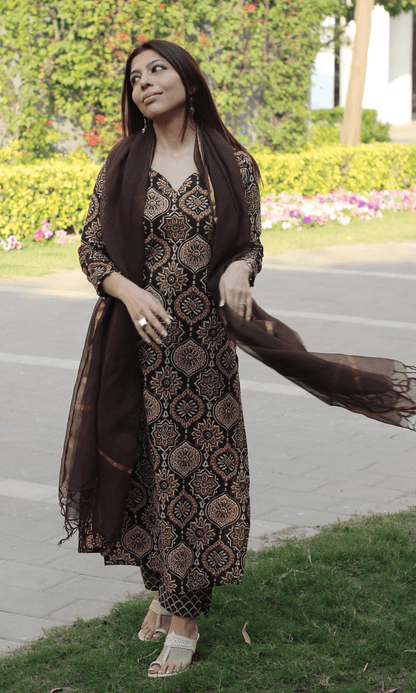 Cotton Dark Brown Ajrakh Print Suit with Kota Doria Dupatta - Baareeki