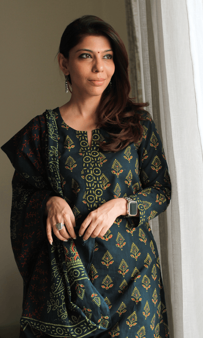 Cotton Dark Green Handblock Badmeri Print Suit with Cotton Printed Dupatta - Baareeki